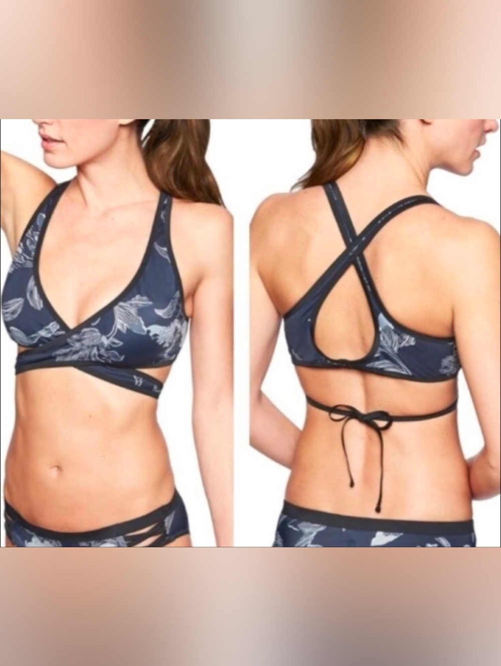 Athleta Bikini Wrap Top Fiore Floral Navy Blue Black Swimsuit Womens Sz.M